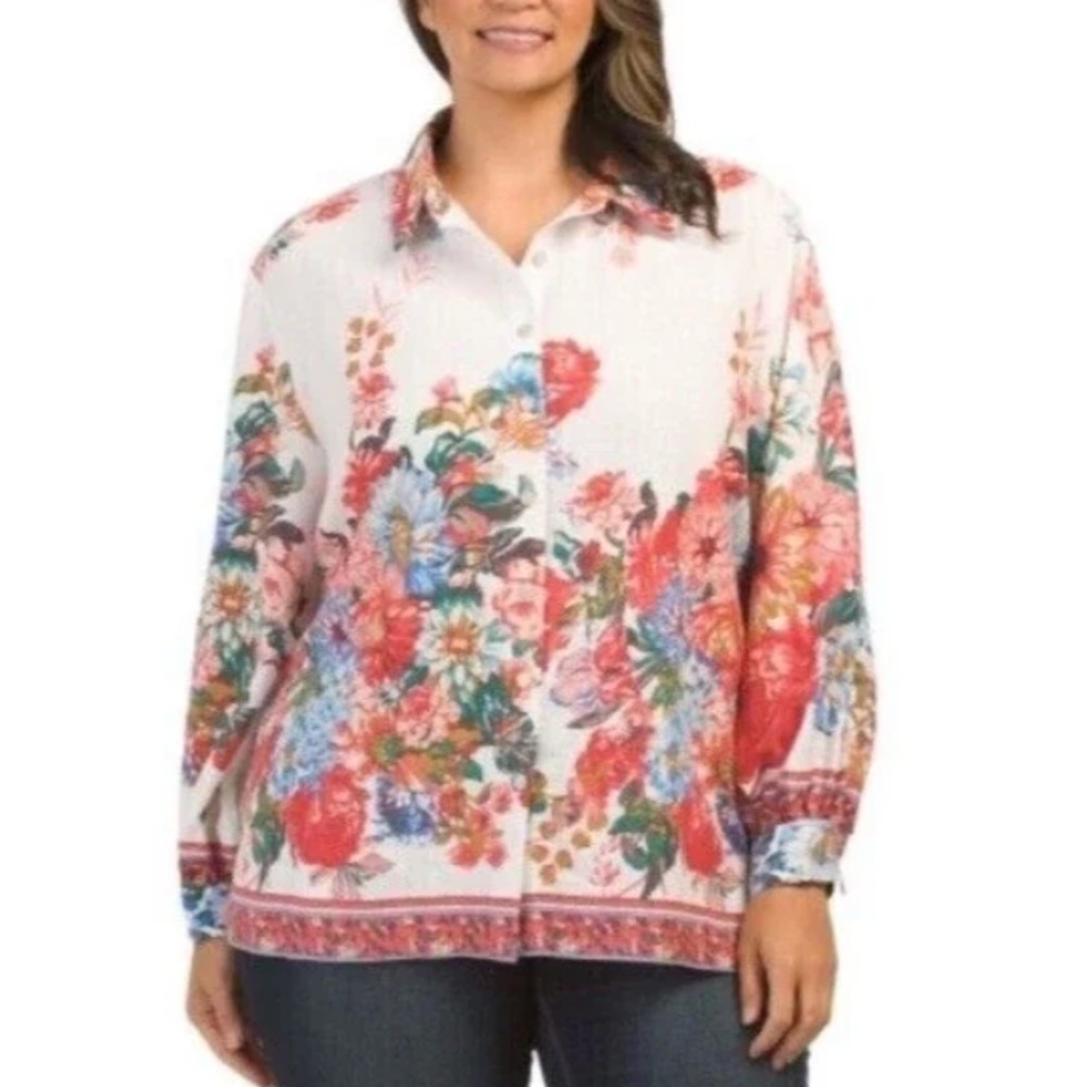 NWT Cynthia Rowley Linen Blend Floral Button Down Shirt Tunic size 3X